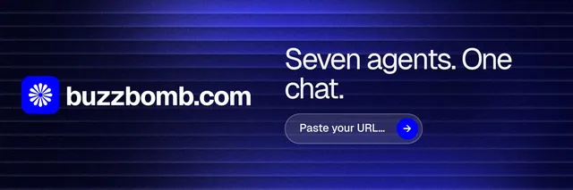 X header for BuzzBomb: "Seven agents. One chat." Agentic glass style, logo hero layout, dark palette in blue, black.