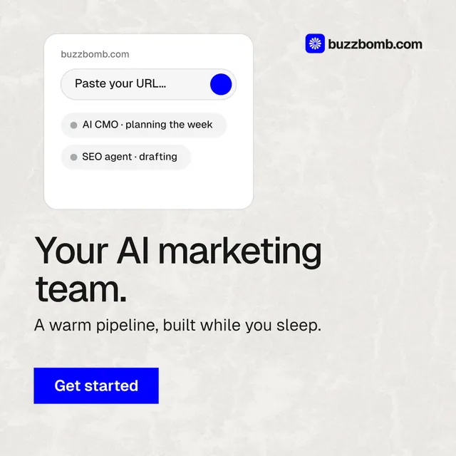 Instagram post for BuzzBomb: "Your AI marketing team." Swiss style, skeleton layout, light palette in white, blue.