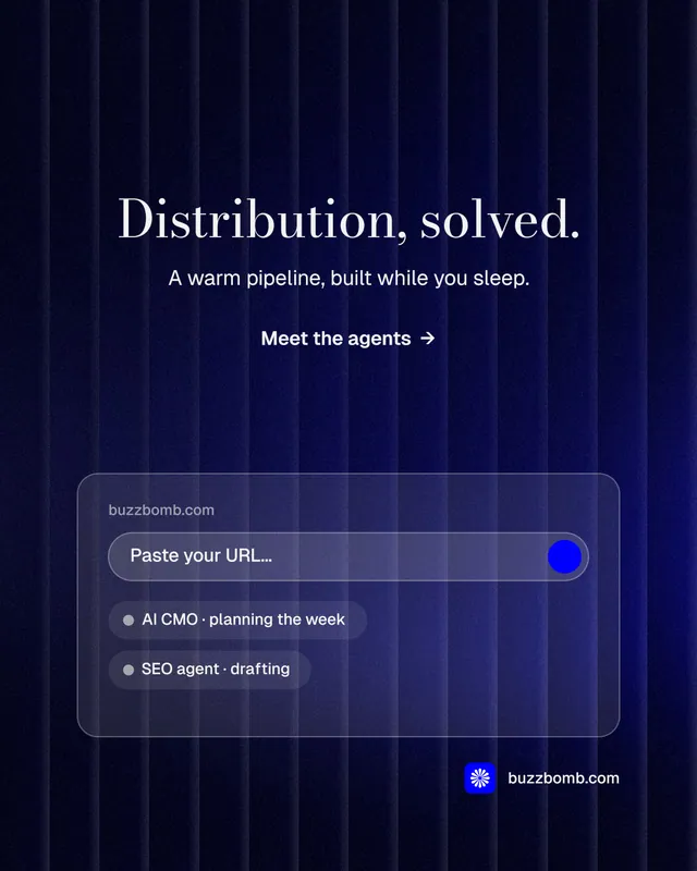 Instagram portrait post for BuzzBomb: "Distribution, solved." Minimal luxury style, centred layout, dark palette in black, blue.