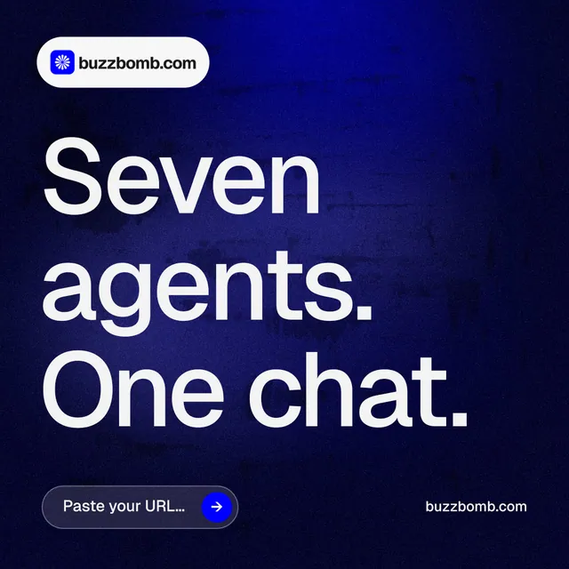 Instagram post for BuzzBomb: "Seven agents. One chat." Agentic glass style, poster layout, dark palette in black, blue, grey.