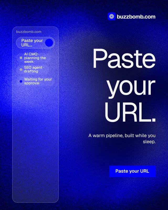 Instagram portrait post for BuzzBomb: "Paste your URL." Swiss style, right layout, dark palette in blue.