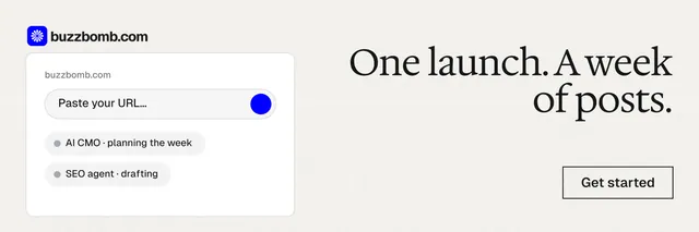 X header for BuzzBomb: "One launch. A week of posts." Editorial style, right layout, light palette in white.