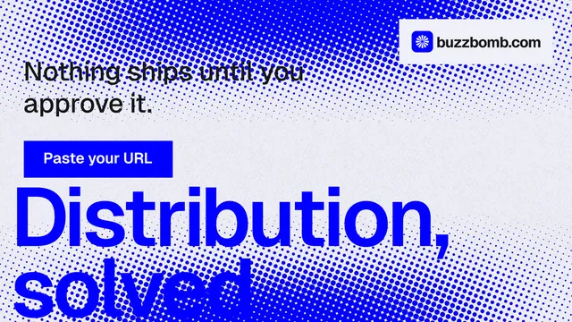 Landscape graphic for BuzzBomb: "Distribution, solved." Swiss style, oversized layout, light palette in white, blue.