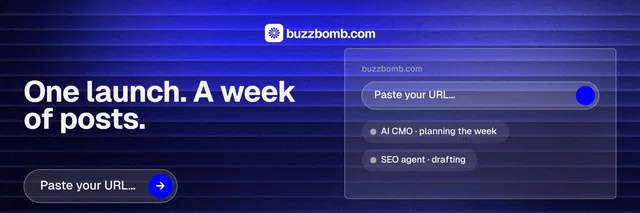 X header for BuzzBomb: "One launch. A week of posts." Agentic glass style, bottom layout, dark palette in blue.