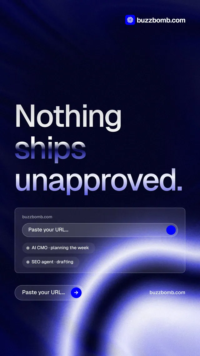 Instagram story for BuzzBomb: "Nothing ships unapproved." Agentic glass style, poster layout, dark palette in black, blue.