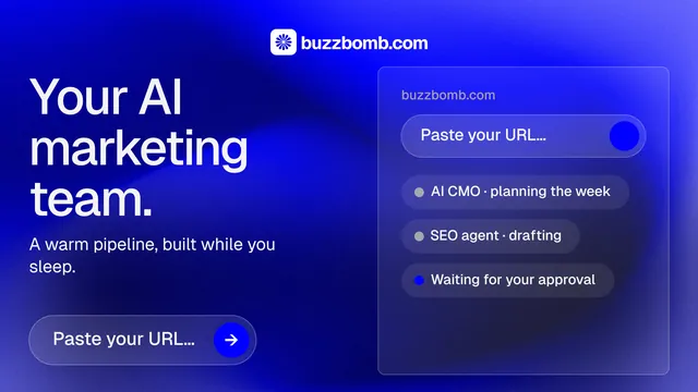 Landscape graphic for BuzzBomb: "Your AI marketing team." Agentic glass style, bottom layout, dark palette in blue.