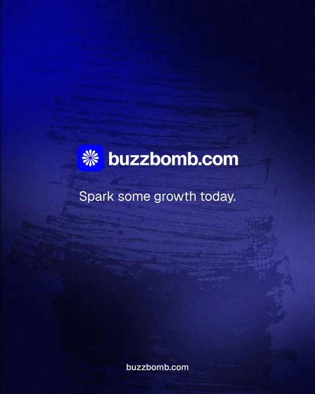 Instagram portrait post for BuzzBomb: "Spark some growth today." Swiss style, end card layout, dark palette in black, blue.