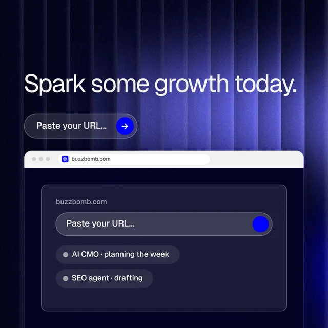 Instagram post for BuzzBomb: "Spark some growth today." Agentic glass style, browser layout, dark palette in blue, black.