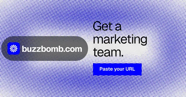 Social ad for BuzzBomb: "Get a marketing team." Swiss style, logo hero layout, light palette in blue.