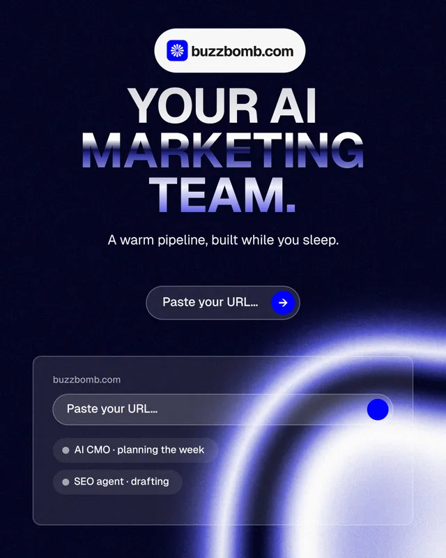 Instagram portrait post for BuzzBomb: "Your AI marketing team." Agentic glass style, centred layout, dark palette in black, blue.