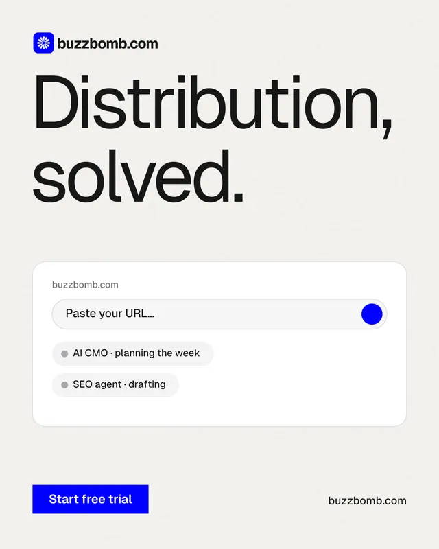 Instagram portrait post for BuzzBomb: "Distribution, solved." Swiss style, poster layout, light palette in white, grey.