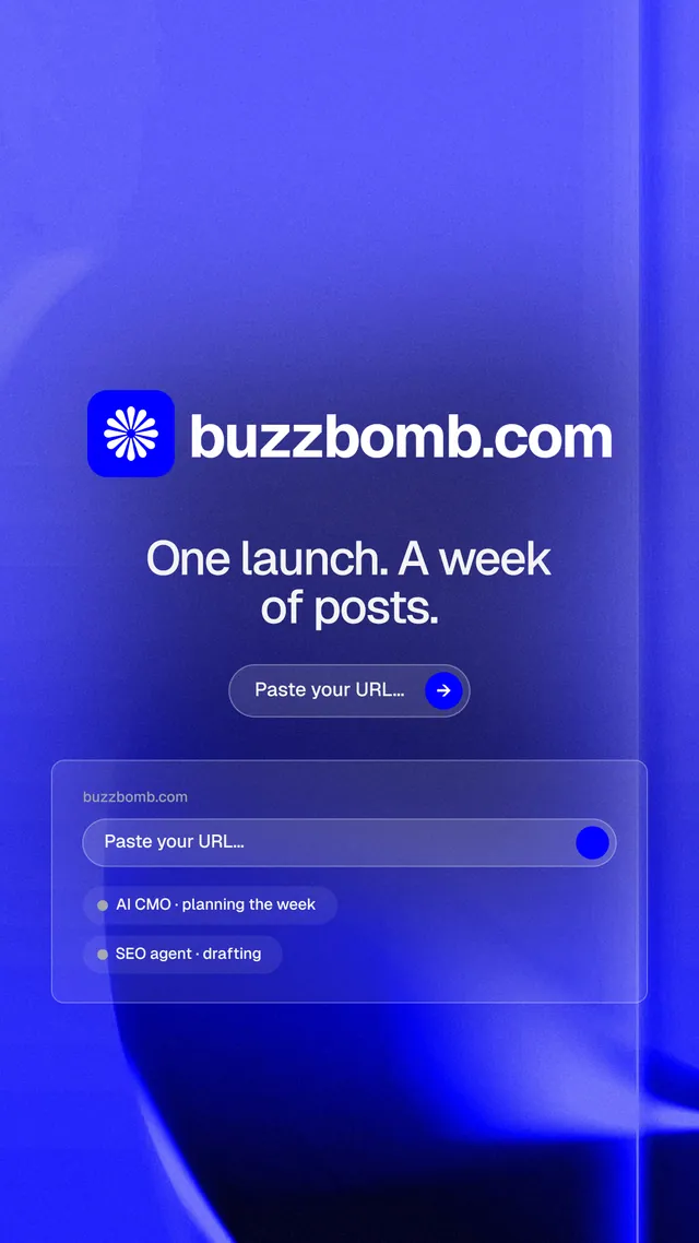Instagram story for BuzzBomb: "One launch. A week of posts." Agentic glass style, logo hero layout, dark palette in blue.