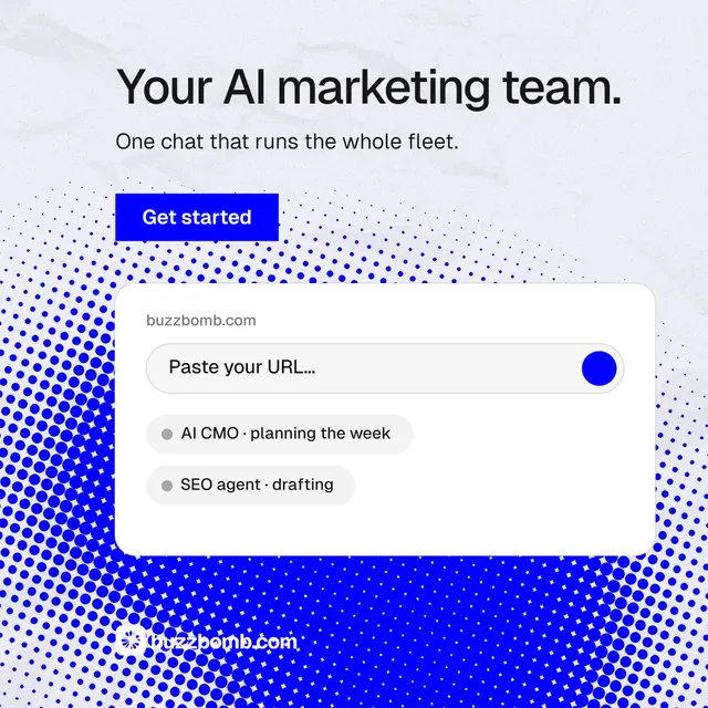 Instagram post for BuzzBomb: "Your AI marketing team." Split block style, skeleton layout, light palette in white, blue.