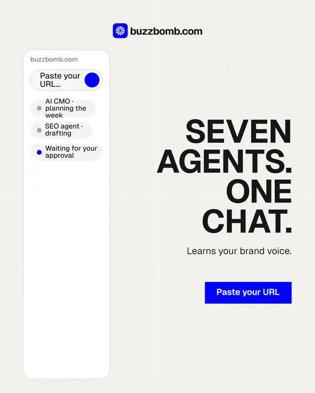 Instagram portrait post for BuzzBomb: "Seven agents. One chat." Swiss style, right layout, light palette in white, grey.