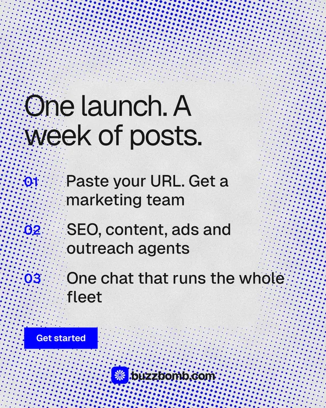 Instagram portrait post for BuzzBomb: "One launch. A week of posts." Swiss style, numbered layout, light palette in blue, white.