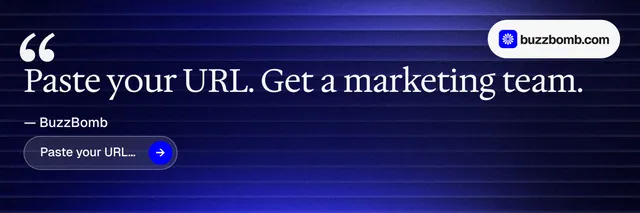 X header for BuzzBomb: "Get a marketing team." Agentic glass style, quote layout, dark palette in black, blue, grey.