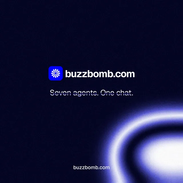 Instagram post for BuzzBomb: "Seven agents. One chat." Agentic glass style, end card layout, dark palette in black, blue.