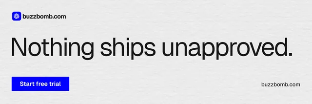 X header for BuzzBomb: "Nothing ships unapproved." Swiss style, poster layout, light palette in white, blue.