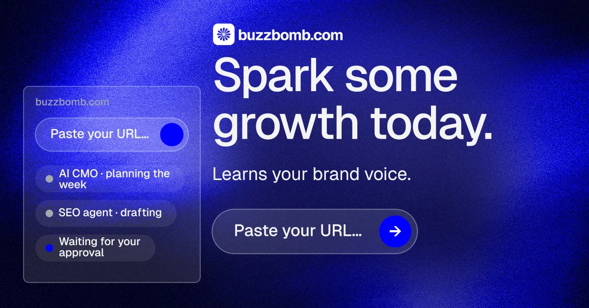 Social ad for BuzzBomb: "Spark some growth today." Agentic glass style, skeleton layout, dark palette in blue.