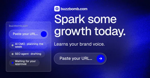 Social ad for BuzzBomb: "Spark some growth today." Agentic glass style, skeleton layout, dark palette in blue.