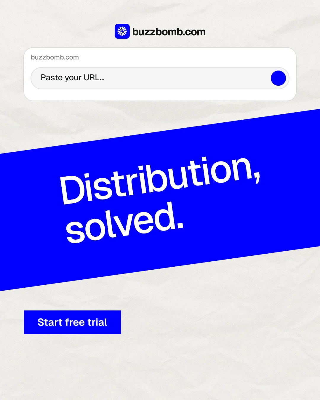 Instagram portrait post for BuzzBomb: "Distribution, solved." Swiss style, diagonal layout, light palette in white, blue.
