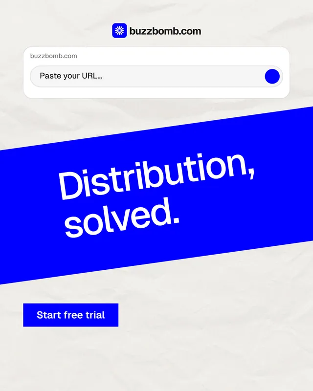 Instagram portrait post for BuzzBomb: "Distribution, solved." Swiss style, diagonal layout, light palette in white, blue.