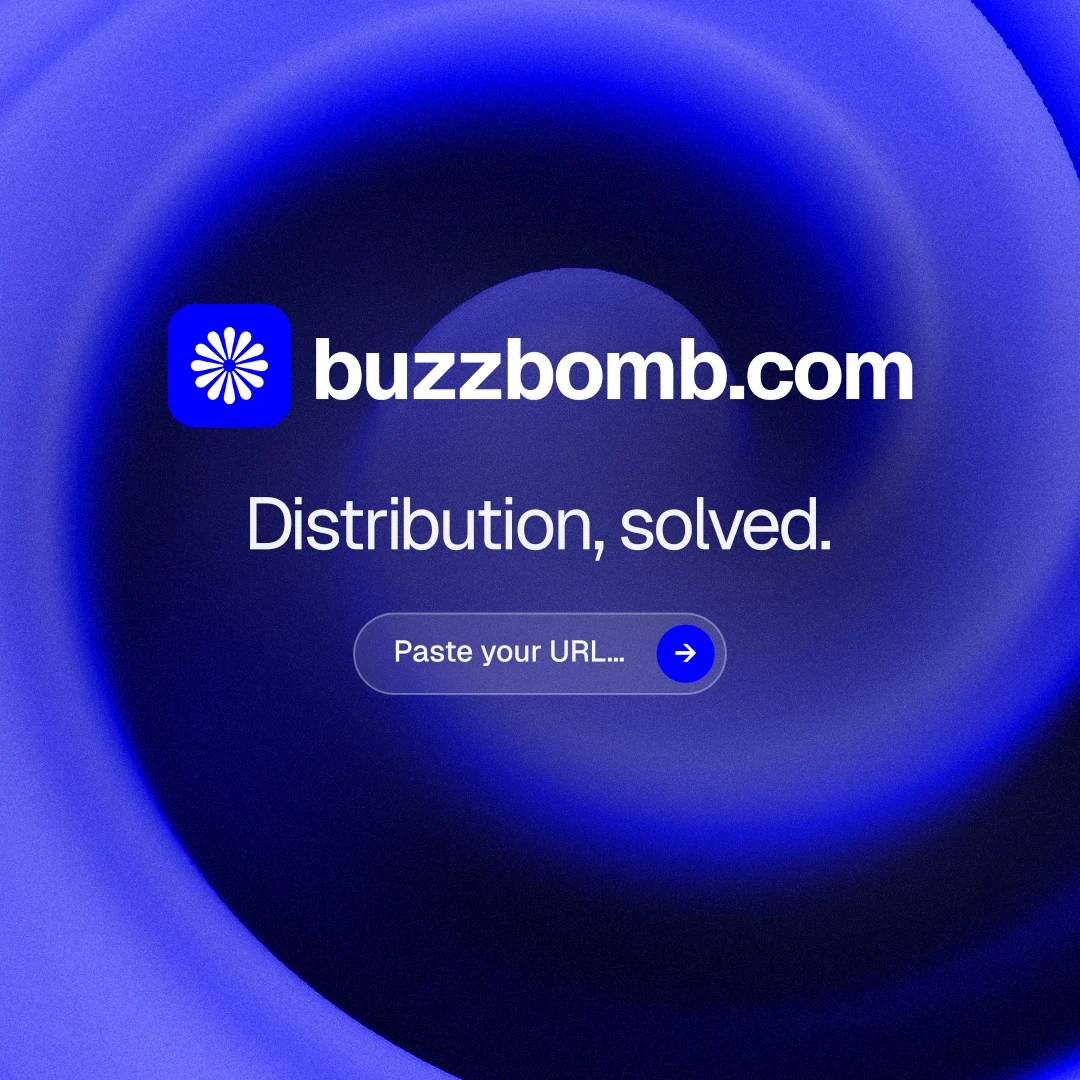 Instagram post for BuzzBomb: "Distribution, solved." Agentic glass style, logo hero layout, dark palette in blue.