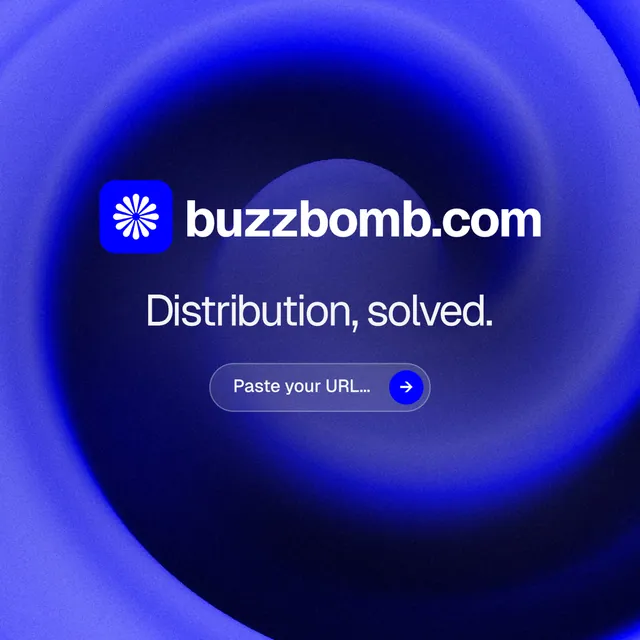 Instagram post for BuzzBomb: "Distribution, solved." Agentic glass style, logo hero layout, dark palette in blue.
