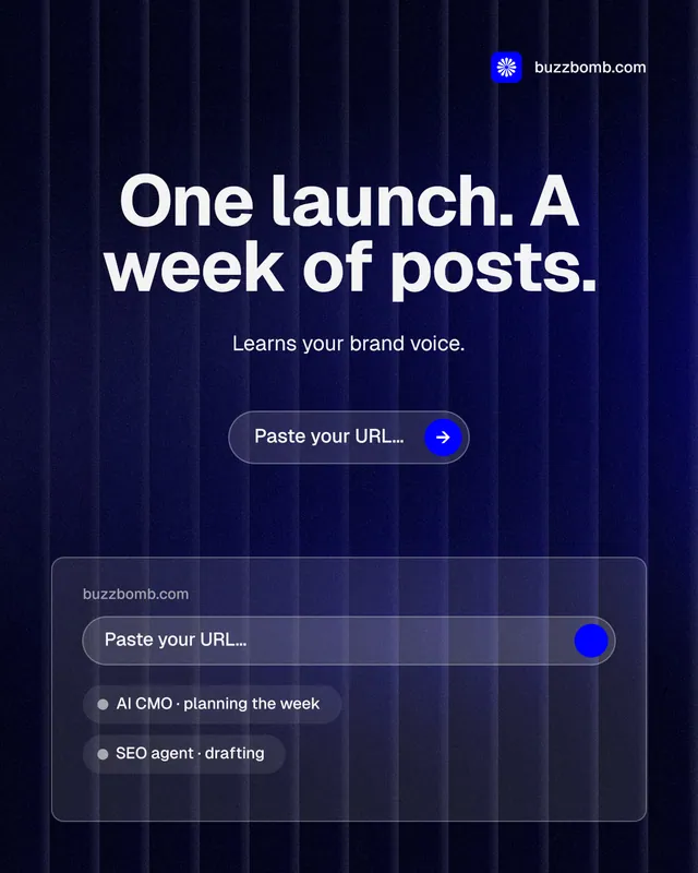 Instagram portrait post for BuzzBomb: "One launch. A week of posts." Agentic glass style, centred layout, dark palette in black, blue, grey.