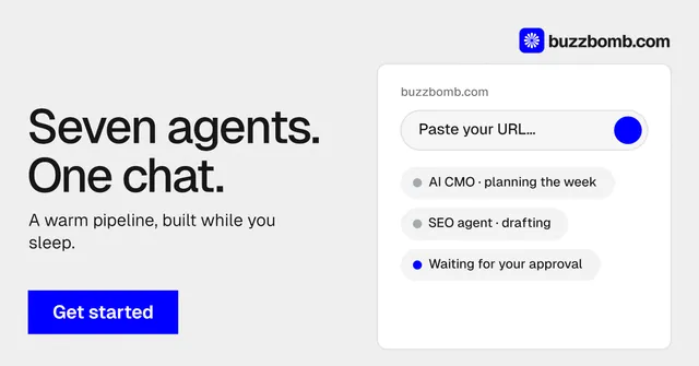 Social ad for BuzzBomb: "Seven agents. One chat." Swiss style, bottom layout, light palette in white, blue.