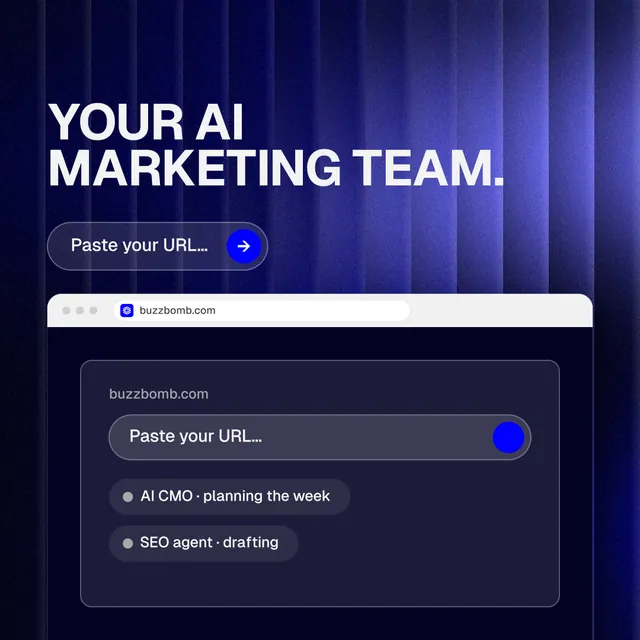 Instagram post for BuzzBomb: "Your AI marketing team." Agentic glass style, browser layout, dark palette in blue, black.