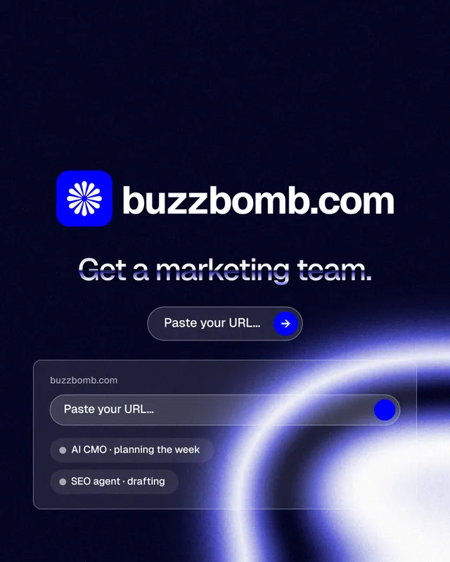 Instagram portrait post for BuzzBomb: "Get a marketing team." Agentic glass style, logo hero layout, dark palette in black, blue.