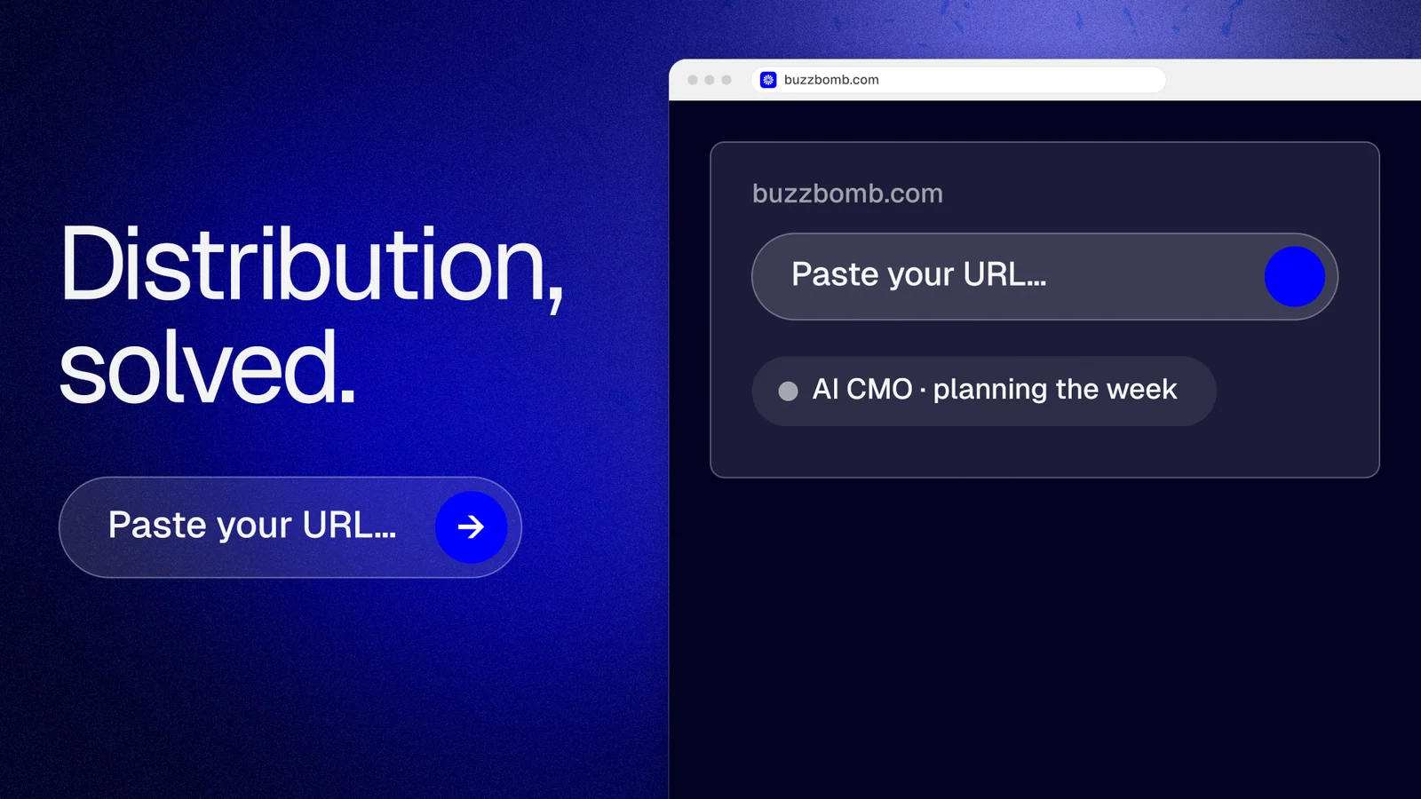 Landscape graphic for BuzzBomb: "Distribution, solved." Agentic glass style, browser layout, dark palette in black, blue.