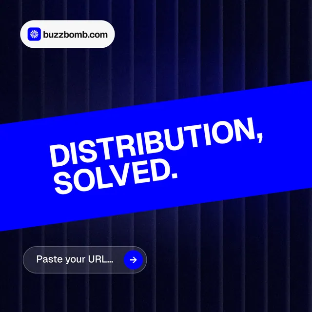 Instagram post for BuzzBomb: "Distribution, solved." Agentic glass style, diagonal layout, dark palette in black, blue.