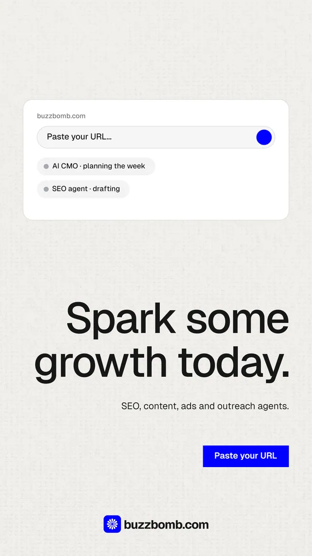 Instagram story for BuzzBomb: "Spark some growth today." Swiss style, right layout, light palette in white.