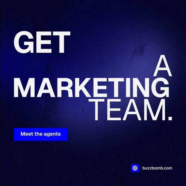 Instagram post for BuzzBomb: "Get a marketing team." Swiss style, stacked layout, dark palette in black, blue.