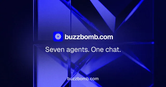Social ad for BuzzBomb: "Seven agents. One chat." Swiss style, end card layout, dark palette in black, blue.