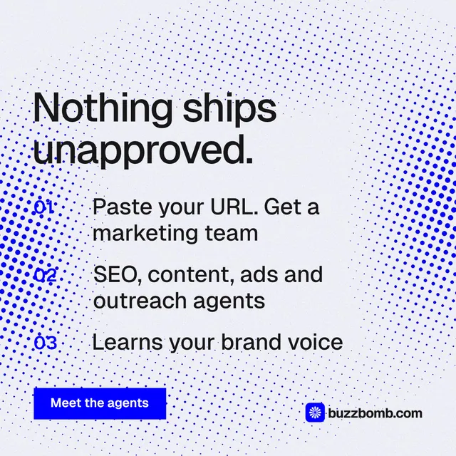 Instagram post for BuzzBomb: "Nothing ships unapproved." Swiss style, numbered layout, light palette in white, blue.