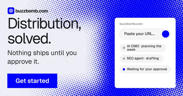 Social ad for BuzzBomb: "Distribution, solved." Split block style, skeleton layout, light palette in white, blue.