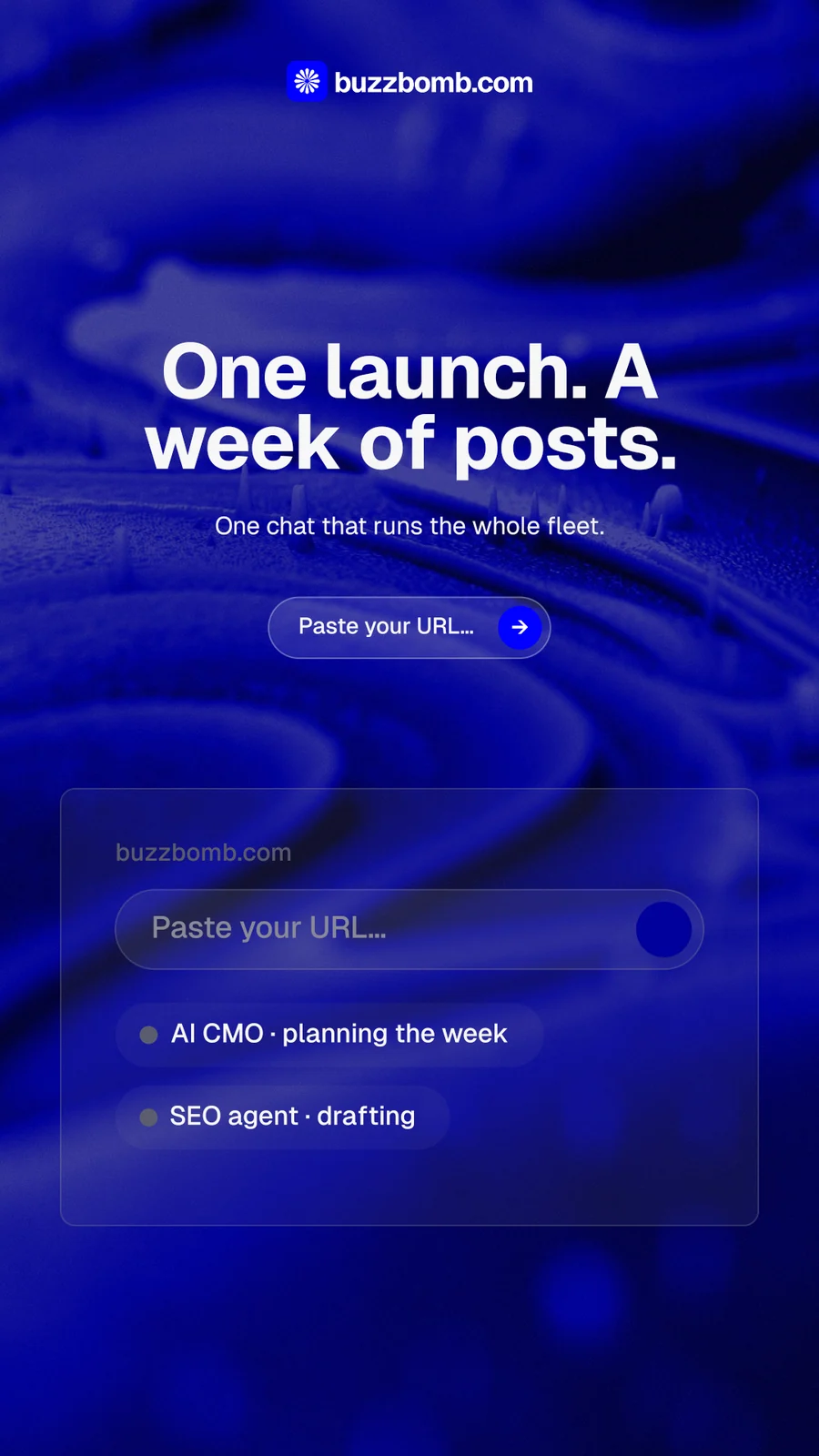 Instagram story for BuzzBomb: "One launch. A week of posts." Agentic glass style, centred layout, dark palette in blue.