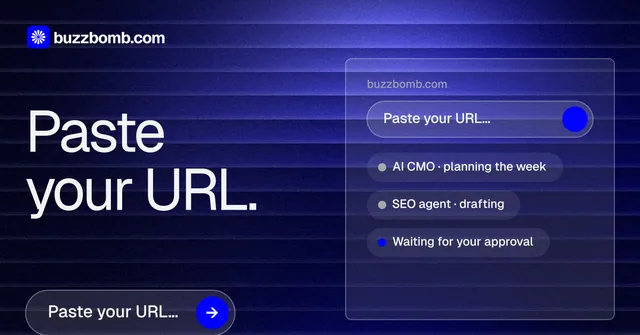Social ad for BuzzBomb: "Paste your URL." Agentic glass style, bottom layout, dark palette in black, blue.