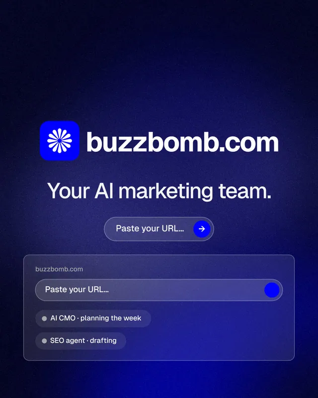 Instagram portrait post for BuzzBomb: "Your AI marketing team." Agentic glass style, logo hero layout, dark palette in black, blue.