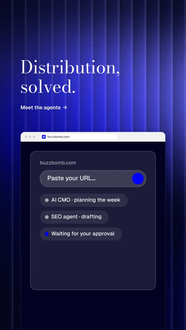Instagram story for BuzzBomb: "Distribution, solved." Minimal luxury style, browser layout, dark palette in blue, black.