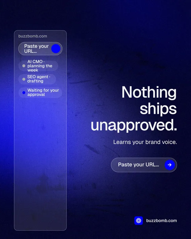 Instagram portrait post for BuzzBomb: "Nothing ships unapproved." Agentic glass style, right layout, dark palette in black, blue.