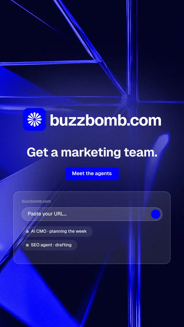 Instagram story for BuzzBomb: "Get a marketing team." Swiss style, logo hero layout, dark palette in black, blue.