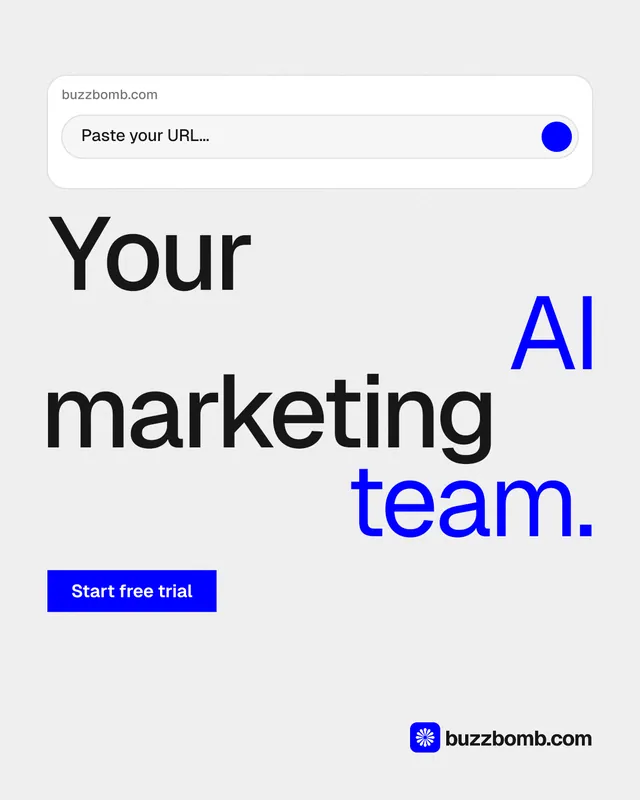 Instagram portrait post for BuzzBomb: "Your AI marketing team." Swiss style, stacked layout, light palette in white, blue.