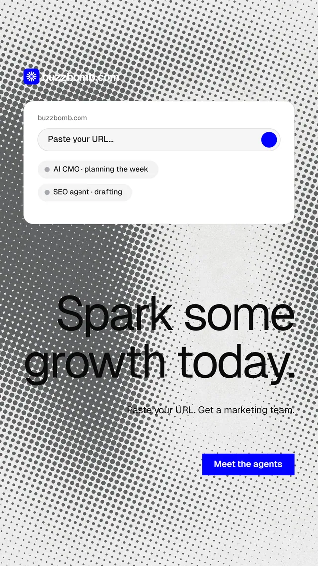 Instagram story for BuzzBomb: "Spark some growth today." Split block style, right layout, light palette in grey, white.