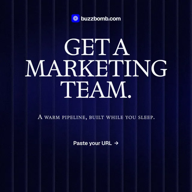 Instagram post for BuzzBomb: "Get a marketing team." Agentic glass style, smallcaps layout, dark palette in black, blue, grey.