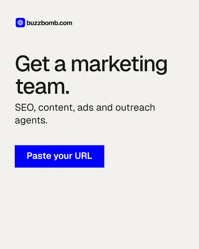 Instagram portrait post for BuzzBomb: "Get a marketing team." Swiss style, skeleton layout, light palette in white, blue.