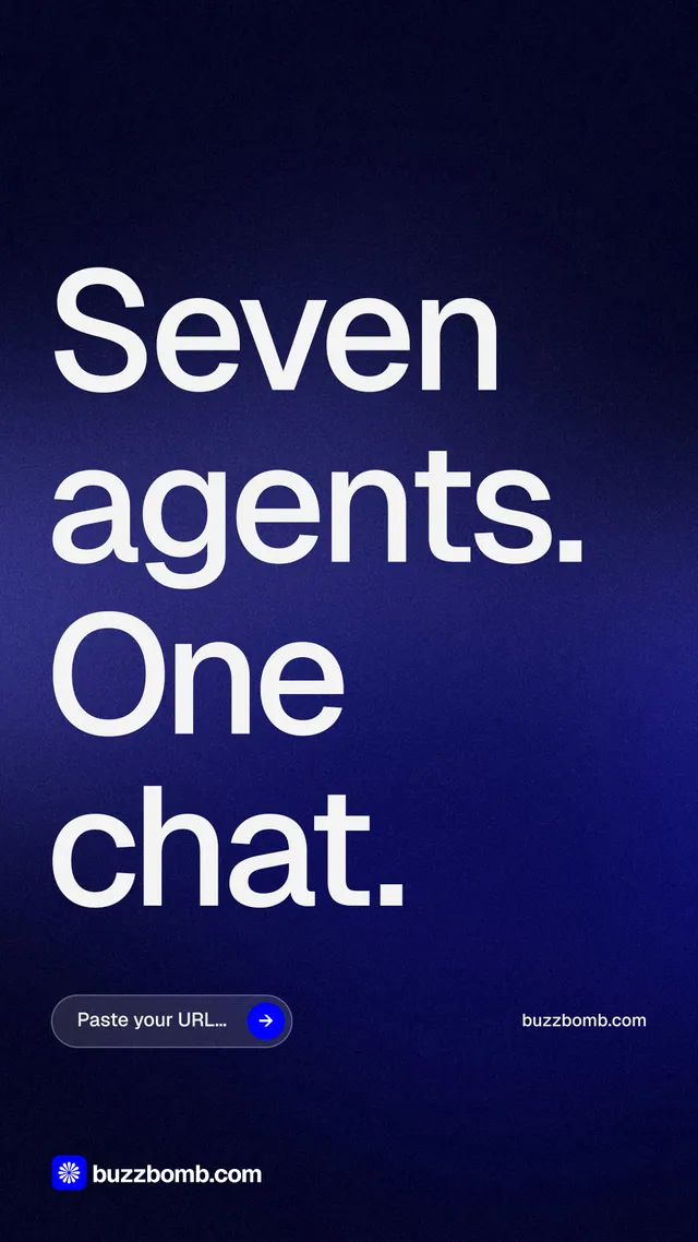 Instagram story for BuzzBomb: "Seven agents. One chat." Agentic glass style, poster layout, dark palette in black, blue, grey.
